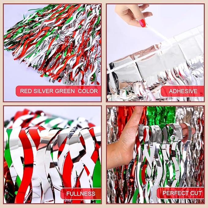 LOLStar Christmas Party Decorations, 4 Pack Red Silver and Green Wavy Metallic Tinsel Foil Fringe Table Skirt for Rectangle & Round Tables, Perfect Table Decorations for Christmas Ugly Sweater Party