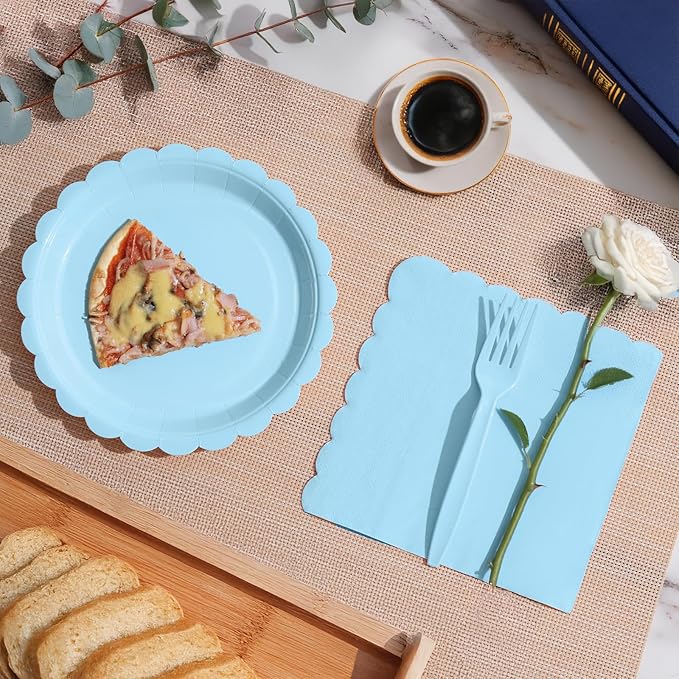 105PCS Paper Plates and Napkins Set,7 Inch Scalloped Disposable Tableware with Forks for Birthdays, Garden Parties & Outdoor Events,Serves 35 (Light Blue)