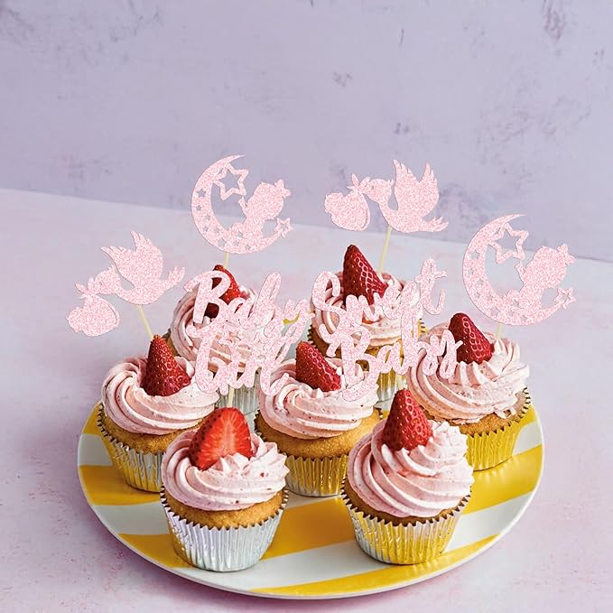 24Pcs Sweet Baby Girl Cupcake Toppers Moon Star Light Pink Glitter Baby Shower Cupcake Picks Decorations for Gender Reveal Baby Shower Kids Girls Birthday Party Supplies