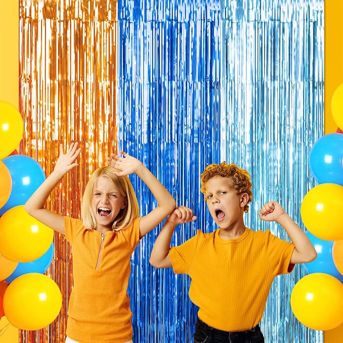 6 Pack 3.3X6.6Ft Blue Dog Foil Fringe Curtains Backdrop Decorations, Orange and Light Blue Birthday Party Tinsel Metallic Streamers Photo Booth Background for Dog Theme Party Supplies