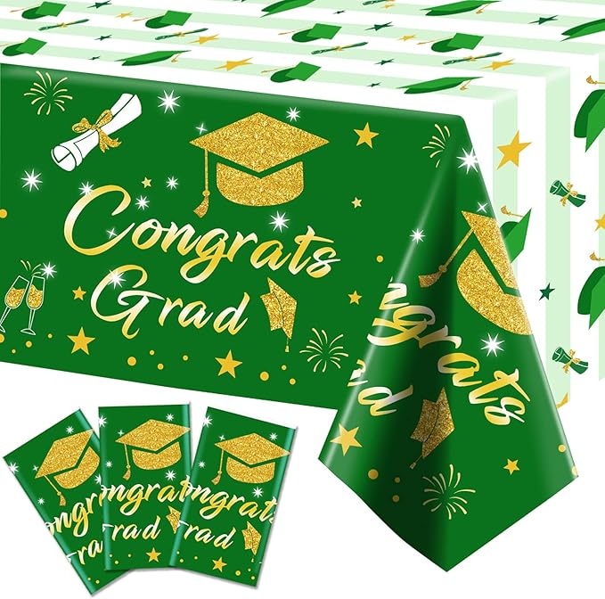 Graduation Tablecloth Party Decorations 2026, 3 Pack Green Large Size 54"x108" Congrats Grad Disposable Rectangle Table Covers Plastic Table Cloth for College High School Class of 2026 Party Supplies