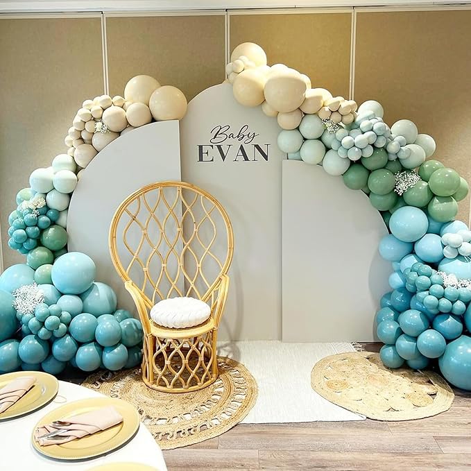 122Pcs Dusty Blue Sage Green Balloon Garland Kit, Pastel Olive Green Slate Blue Beige Metallic Gold Confetti Balloon Arch Kit for Women Men Boho Birthday Wedding Baby Shower Party Decorations