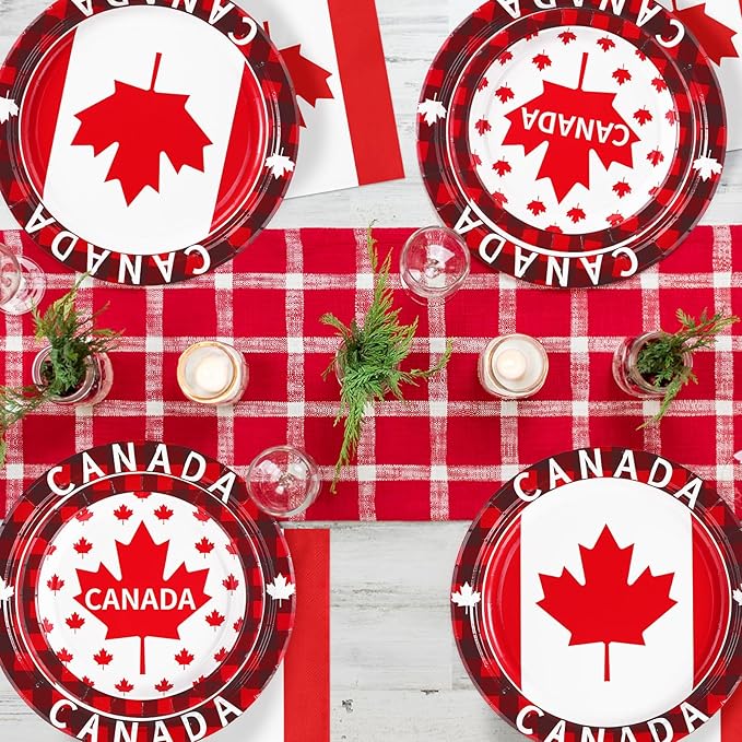 Grencian 96Pcs Canadian Flag Party Supplies Canada Day Party Plates and Napkins Red White Maple Leaves Tableware Sets Canada Birthay Decorations Favors for Anniversary Family Gathering Serves 24
