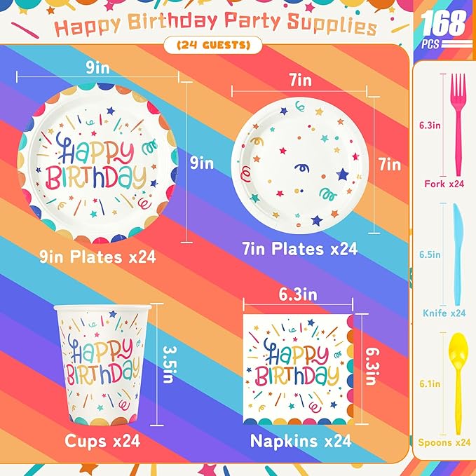 Multicolor Happy Birthday Party Plates Set, 168PCS Ribbons and Dots Stars Paper Plates Napkins Cups and Colorful Cutlery Set, 24 Set Colorful Disposablem Tableware Set for Birthday Party Decorations