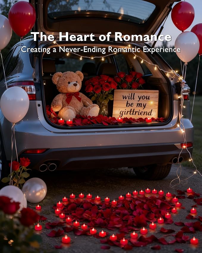 Amagic 4000 Pieces Red Artificial Rose Petals with 50 Red Heart LED Tea Lights, Rose Petals and Candles Set for Proposal, Anniversary, Romantic Night, Wedding Decor