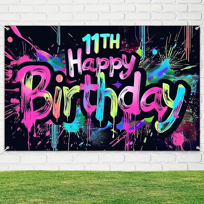 Neon 11th Happy Birthday Banner 71x43 Inch Paint Splatter Glow in The Dark Party Backdrop Colorful Wall Decor for Kids Boys Girls Eleventh Birthday Celebrations Photo Booth Props Event