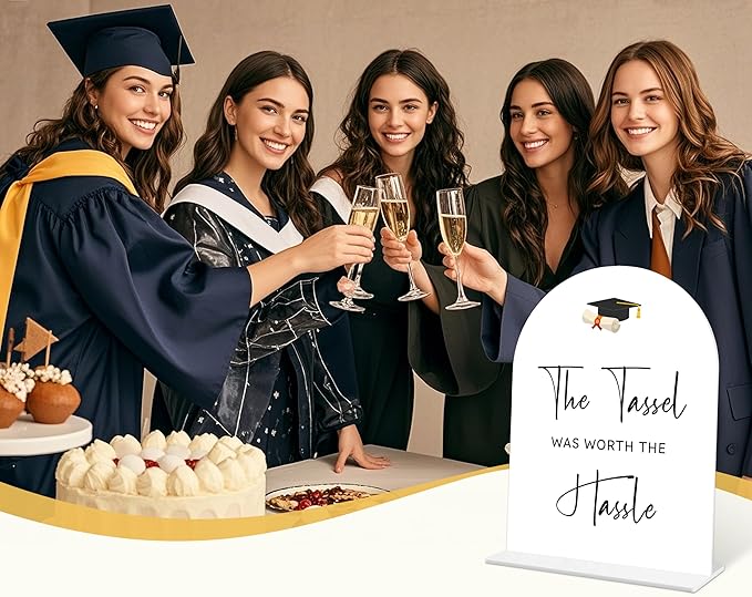 Graduation The Tassel Was Worth The Hassle Sign, 6 x 8 Inch White Arch Acrylic Grad Party Sign with Holder, Graduation Party Sign for Class of 2026, Grad Decor, College Party Supplies - DL08