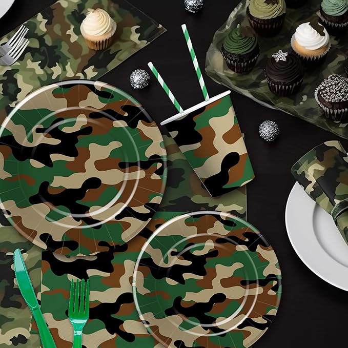 Camouflage Plates And Napkins Party Supplies - Camo Camouflage Themed Party Decorations Tableware, Plate, Cup, Napkin, Fork, Hunting Army Military Theme Birthday Table Decorations | Serve 24