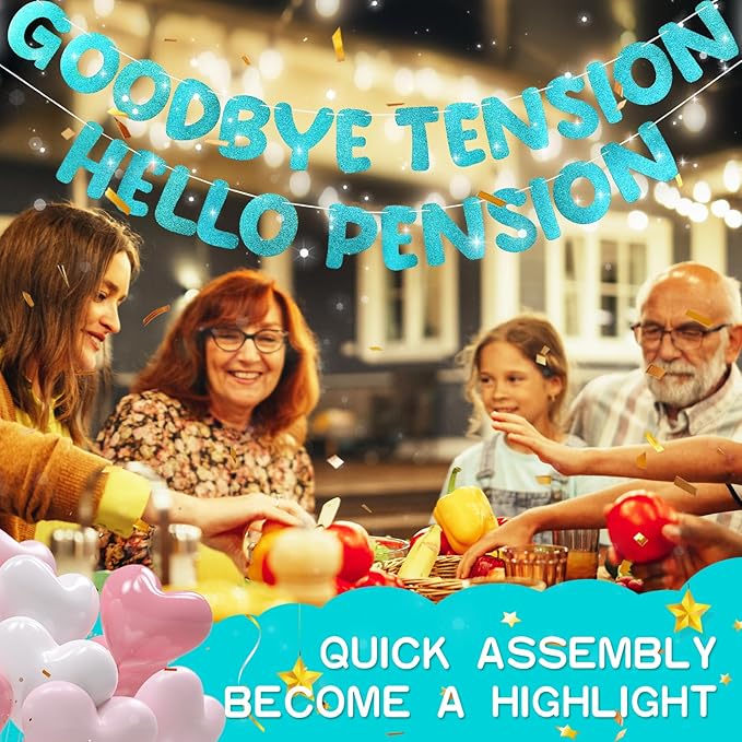 Retirement Banner Pre-Strung GOODBYE TENSION HELLO PENSION Banner Glitter Retirement Party Supplies Decorations for Women Men Office Home Decor (Turquoise)