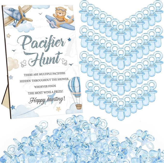 Thyle 51 Pcs Airplane Pacifier Hunt Baby Shower Games Include Hunt Sign and 50 Acrylic Pacifiers for Adventure Await Baby Shower Game Decoration Sets Gender Reveal Newborn Announcement Party Decor