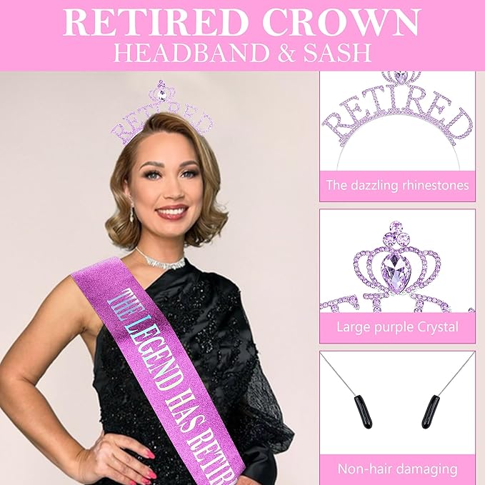 Retirement Gift for Woman Purple Retirement Sash And Crown Headband Retirement Party Decorations The Legend Has Retired Sash Elegant Cute Rhinestone Headband