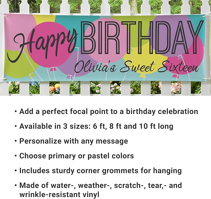 Let's Make Memories Personalized Happy Birthday Banner for Kids - Custom Birthday Party Decorations - Indoor/Outdoor Vinyl - Any Text - Balloons - Primary Colors - 6ft
