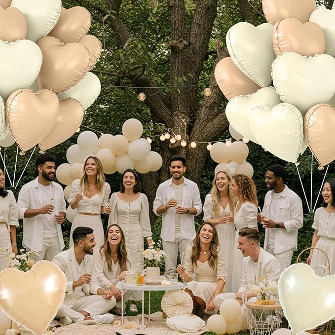TONIFUL 30Pcs 18 Inch Caramel Cream White Balloons Cream White Heart Shape Foil Mylar Banners Decoration for Birthday Valentine's Day Wedding Bridal Shower Anniversary Engagement Party Supplies