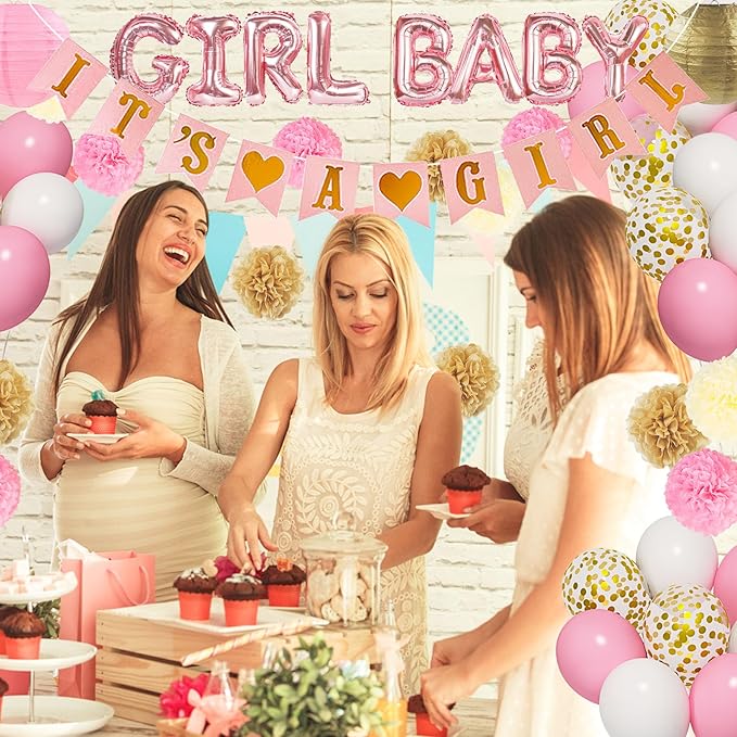 Ouddy Party Pink Baby Shower Decorations for Girls with Its a Girl Banner, Baby Girl Letter Pink Gold Confetti Balloons Paper Pom Poms for Baby Shower Gender Reveal Party Supplies
