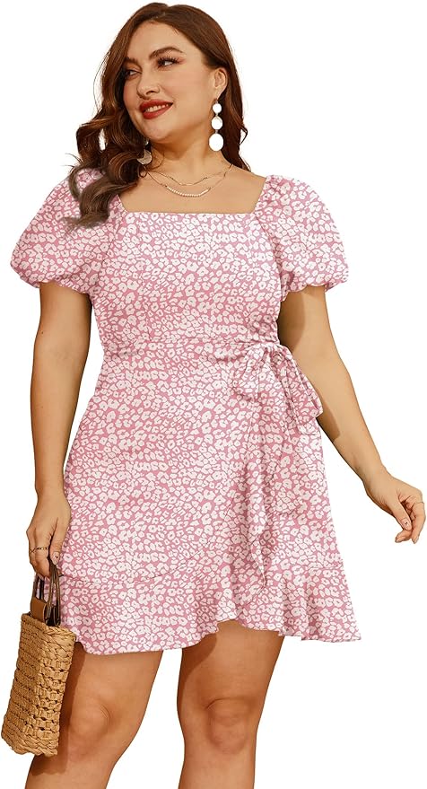 Sampeel Womens Summer Dresses Square Neck Puff Sleeve Tie Waist Short Dress