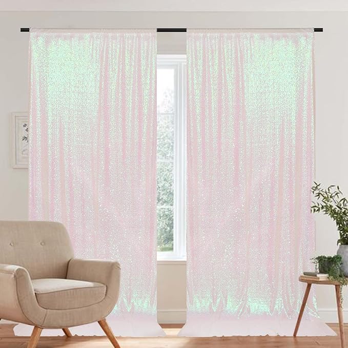 PartyDelight Iridescent White Sequin Backdrop 5x10ft 2 Panels - High Density 3mm Shimmer Sequin Background with 4-Inch Rod Pocket, Sparkly Photography Curtain for Wedding, Stage & Event Decor
