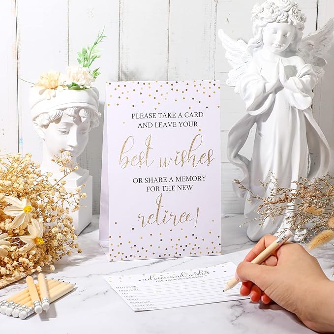Fumete 50 Pcs Retirement Party Advice and Wishes Cards with 10 Small Pencils 1 Cardstock Place Card Retired Ideas Supplies for Retirement Party Favors and Going Away Decorations