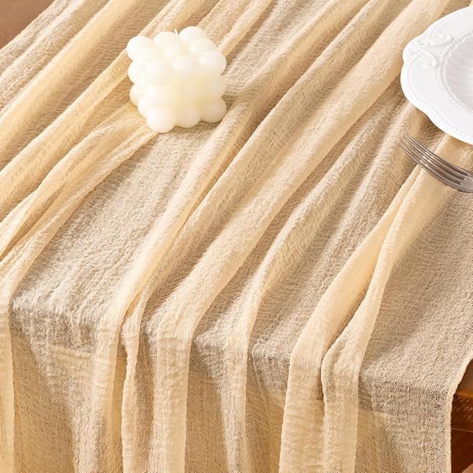 Socomi Beige Cheesecloth Table Runner Easter Spring Gauze 120 Inch Rustic Boho Cheese Cloth Runner for Wedding Party Baby Bridal Shower Centerpiece Decoration Holiday Home Decorations
