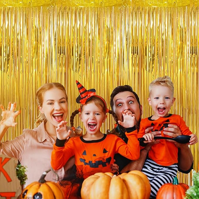 2 Pack 3.28 ft x 6.56 ft Golden Tinsel Curtain Party Backdrop Decorations, Metallic Foil Fringe Backdrop Door for Halloween, Christmas, Birthday Graduat