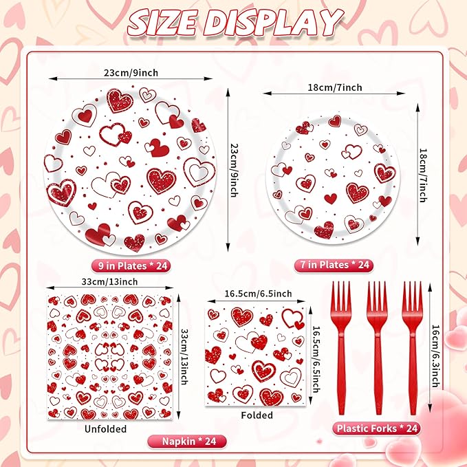 96 Pieces Valentines Day Love Plates and Napkins Party Supplies, Red Heart Disposable Tableware with Paper Plates Napkins and Forks for Valentine Day, Wedding Anniversary Party Favors - Serves 24