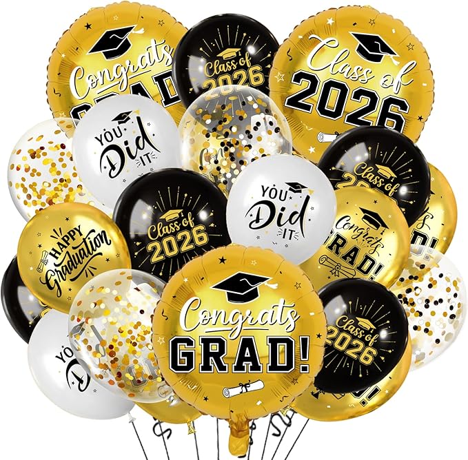 Black and Gold Graduation Balloons Graduation Decorations 2026, 51Pcs Grad Latex Balloons and Grad Foil Balloon with Confetti Ribbons Grad Party Decorations for College High School