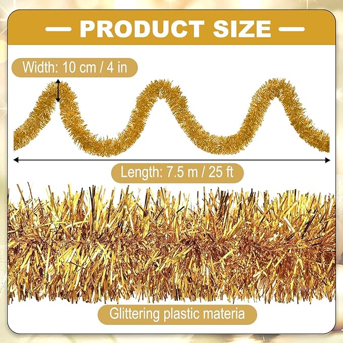25 Feet Christmas Tinsel Garland, Metallic Twist Garland Wall Hanging Tinsel Garland Backdrop for Parade Floats, Carnival, Birthday, Wedding, New Year Party Decorations (Champagne Gold, 4in x 25ft)