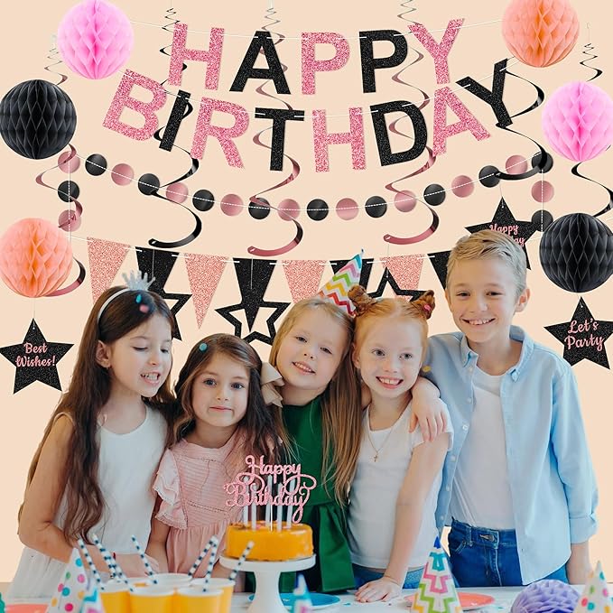 Birthday Decorations Pre-Strung Happy Birthday Banner for Women Girls Rose Gold Black Birthday Banners with Pennant Honeycomb Balls Cake Topper Stars Hanging Swirl Streamers Circle Dots Garland