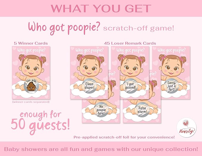 Party Hearty Fun Baby Shower Games for Girls - Poopie Emoji Scratch-Off Lottery Tickets - 50 Cards Hilarious and Engaging Baby Shower Activity