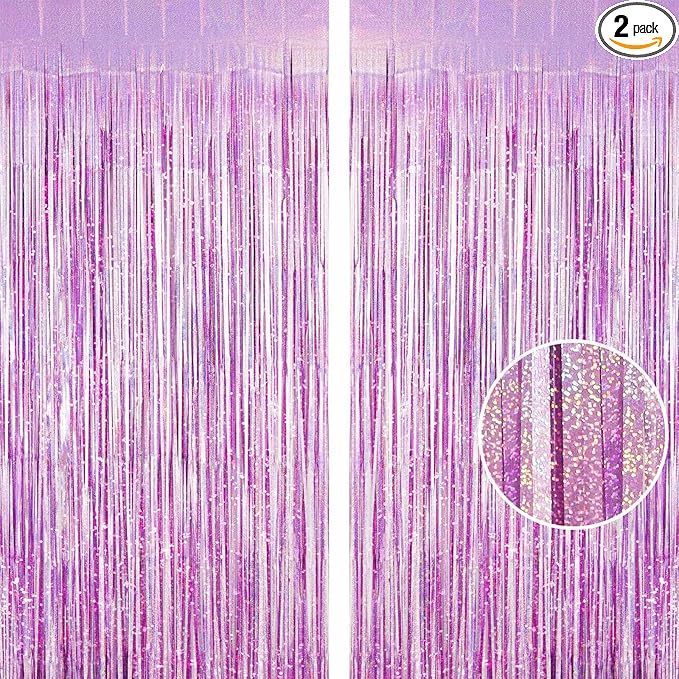 Light Purple Fringe Curtain Backdrop, 2 Pack Tinsel Foil Fringe Curtains Party Decorations Streamers, Xmas Light Purple Metallic Glitter Backdrop for Birthday Wedding Bridal Shower Photo Booth