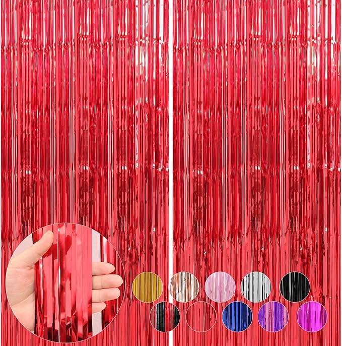 2 Pack Red Foil Fringe Curtains Streamers Party Decorations 3.3 x 8.2 ft, Tinsel Curtain Fringe Backdrop for Parties, Door Fringe Birthday Streamers, Photo Booth Backdrops, Party Decor