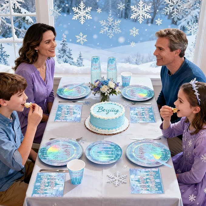 168Pcs Frozen Themed Birthday Party Supplies Winter Onderland Plates Napkins Cups Snow-Castle Tableware Set for Girls Baby Shower Snow Themed Birthday Party Supplies Serves 24