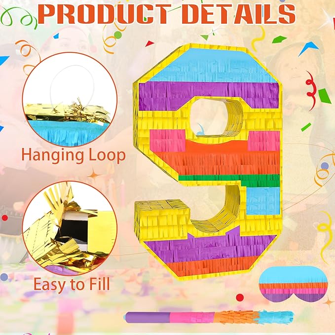 Rainbow Number 9 Pinata Birthday Decorations for Kids, Rainbow Pinata with Bat Stick Blindfold for Boys Girls 9th Birthday Celebrations Baby Shower Party Supplies (16.14x10.6x2.95 Inches)