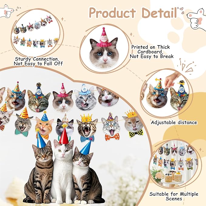 Cat Happy Birthday Banner - Cat Birthday Party Decorations Party Decor Supplies for Kids, Boys, Girls, Baby Showers