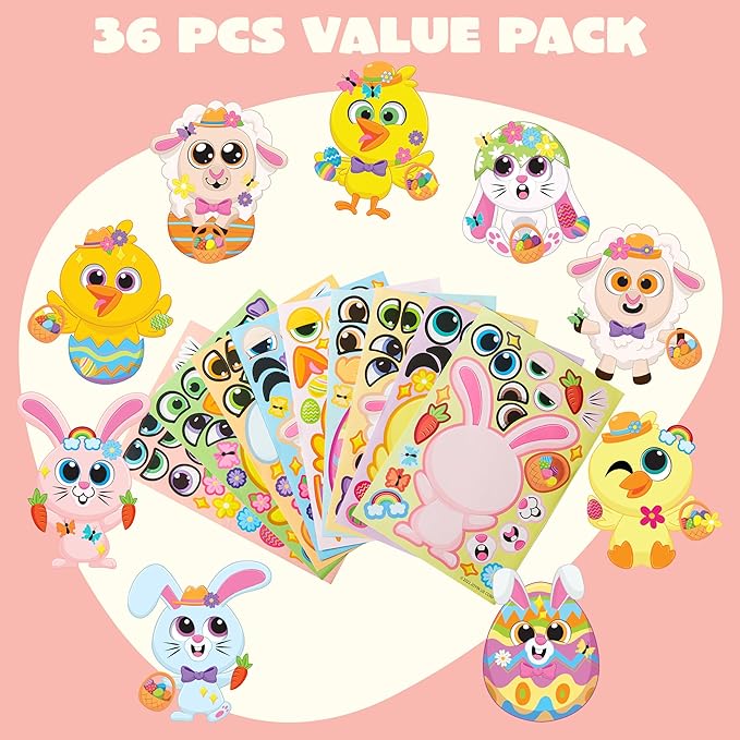 JOYIN 36 Sheet Easter Stickers Match Make a Face Stickers with Chick Bunny Sheep Egg Pattern, for Kids, Decorations for Water Bottle, Basket Stuffers,Classroom Prizes Easter Egg Hunt