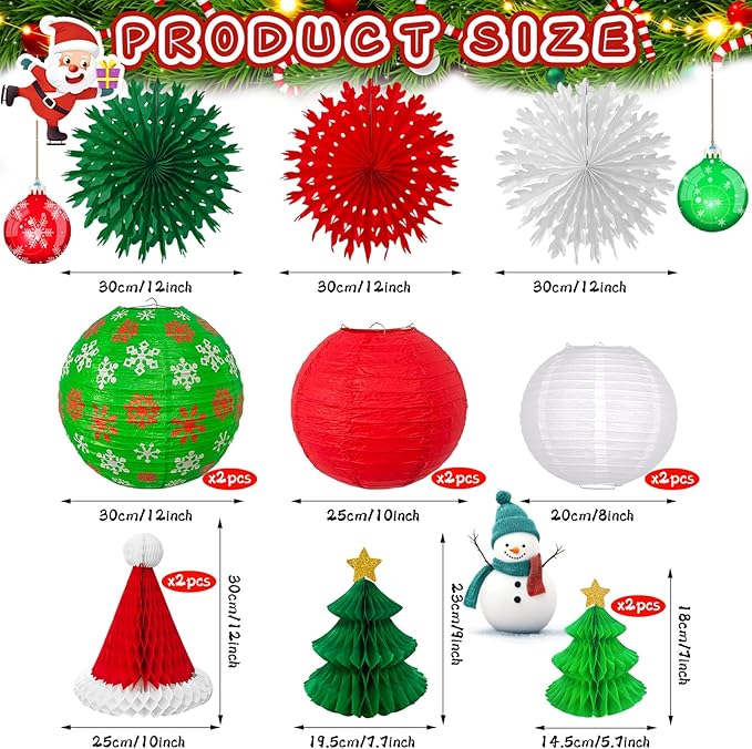 14PCS Christmas Honeycomb Hanging Paper Lantern Decorations Set, Pine Tree Star Christmas Hat Red Green White Snowflake Lanterns Paper Fans for Christmas Party Home Decoration Supplies