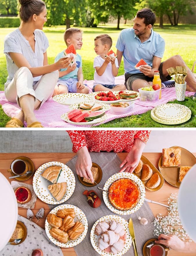 141 Pieces White Gold Party Supplies, Disposable Party Decorations Sets Include Paper Plates Napkins Cups, Plastic Forks Knives Spoons, for Baby Shower Birthday Wedding -20 Guests