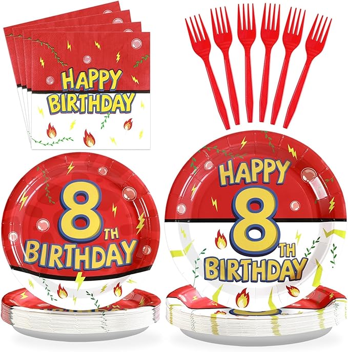 Grencian 96Pcs Happy 8th Birthday Party Supplies Cartoon Anime Themed Paper Plates and Napkins Tableware Sets Disposable Red and White Decoration for 8 Year Old Birthday Kids Children Party Serves 24