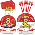 Grencian 96Pcs Happy 8th Birthday Party Supplies Cartoon Anime Themed Paper Plates and Napkins Tableware Sets Disposable Red and White Decoration for 8 Year Old Birthday Kids Children Party Serves 24