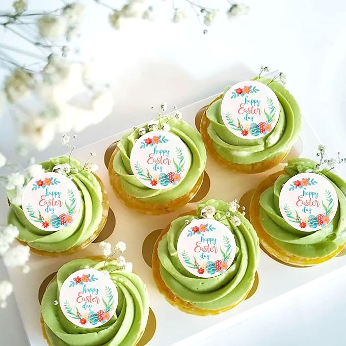 Ercadio 40Pcs Edible Circle Happy Easter Day Cupcake Drink Toppers Round Floral Easter Cupcake Picks for Easter Baby Shower Spring Birthday Party Cake Decorations Supplies