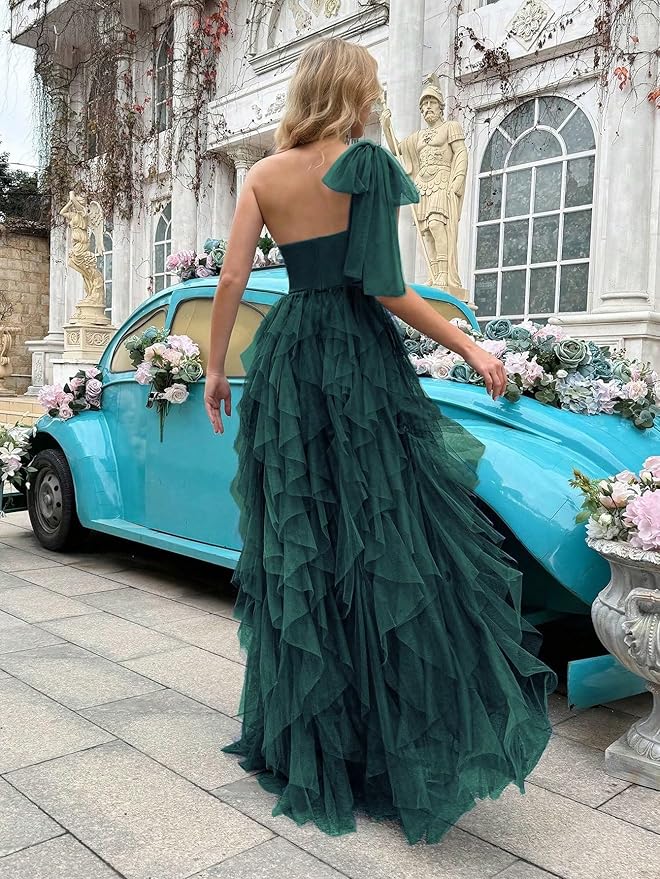 Summer Women Tulle Prom Dress Elegant Bow One Shoulder Slit Evening Party Gown Wedding Guest Bridesmaid Maxi Dress