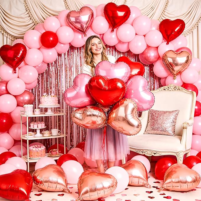 12 Pcs Rose Gold and Red Heart Foil Balloons for Valentines Day Decorations,18 Inch Romantic Love Valentine Heart Balloons for Valentines Day Wedding Marriage Birthday Bridal Shower Party Decorations