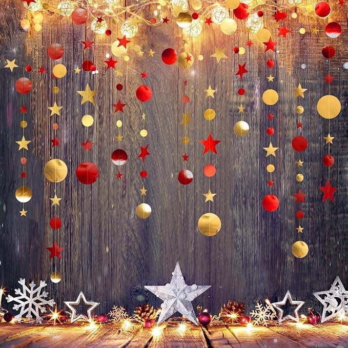 Cheerland Maroon Gold Party Decorations Red Gold Scarlet Star Circle Garland Hanging Dots Streamer for Valentines Day Chinese New Year Graduation Birthday Anniversary Wedding Bridal Shower Party