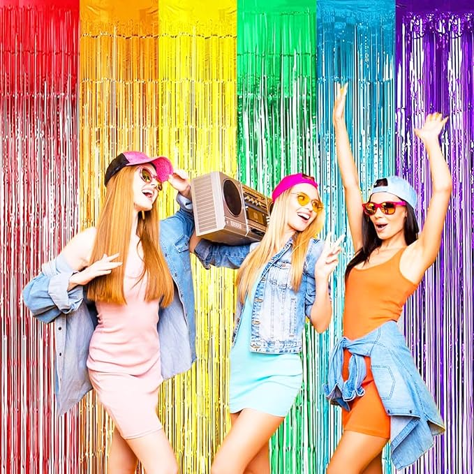 MYUPDALIN 2 Pack Rainbow Foil Fringe Curtains Decorations, Colorful Fringe Backdrop, Birthday and Dance Party Backgrounds