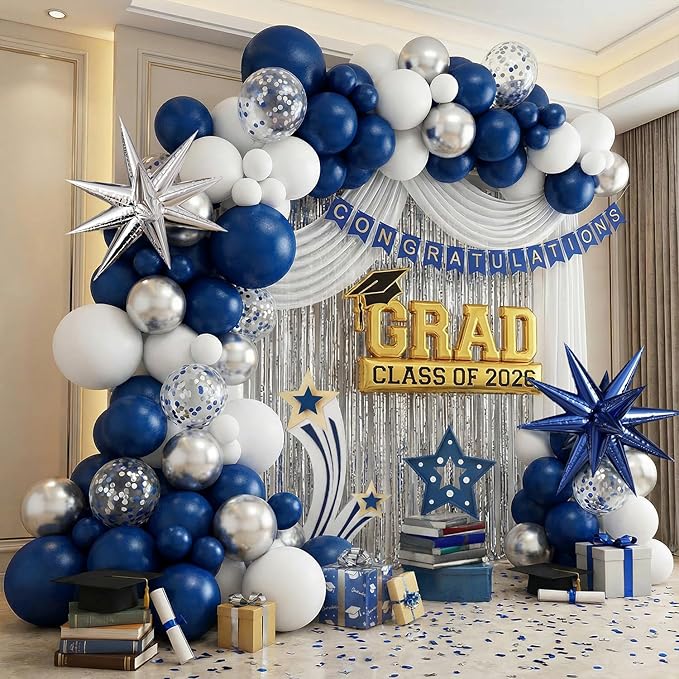 152 pcs Blue White Silver Balloon Garland Arch Kit,Navy Blue Silver Confetti Balloons with Exploding Star Balloons for Graduation Class of 2026 Birthday Wedding Retirement Party Decorations