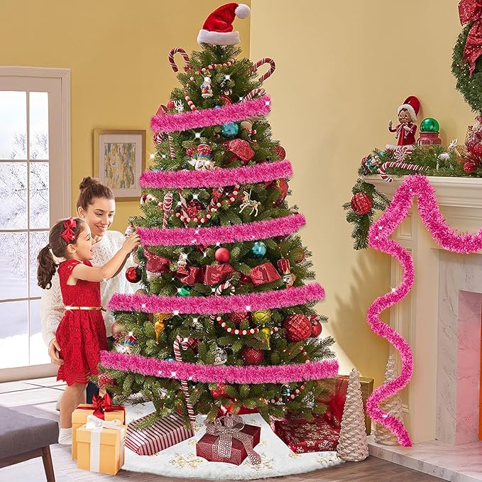 25 Feet Christmas Tinsel Garland, Metallic Twist Garland Wall Hanging Tinsel Garland Backdrop for Parade Floats, Carnival, Birthday, Wedding, New Year Party Decorations (Pink, 4in x 25ft)