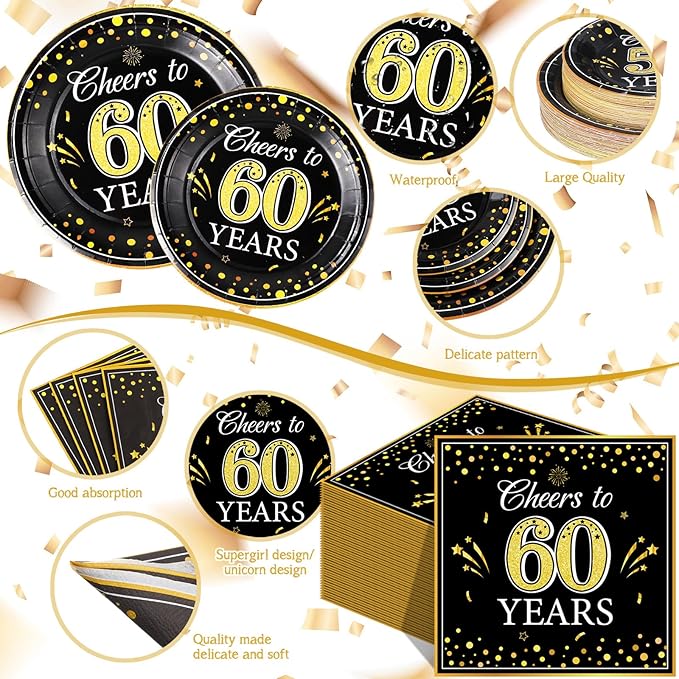 Pickmesh 250 Pcs 60th Birthday Party Supplies Decorations Serve 50 Black Gold Cheers to 60 Years Disposable Paper Plates Napkins and Cups for Women Men 50th Birthday Wedding Anniversary Party Supplies