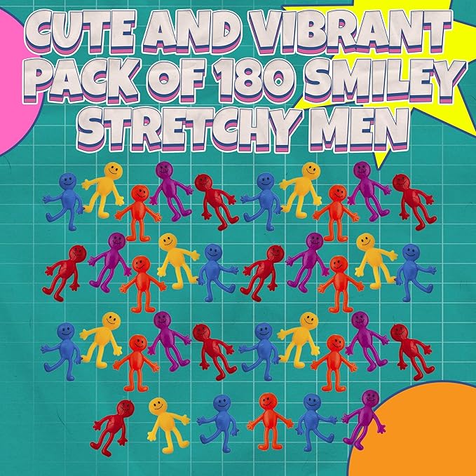 Stretchy Bendable Man (180 Pack) Assorted Fun Colors, A Sticky, Stretchable, Slimy, Gooey Texture, Toy for Stress Anxiety Relief, Great Party Favor, Stocking Stuffer