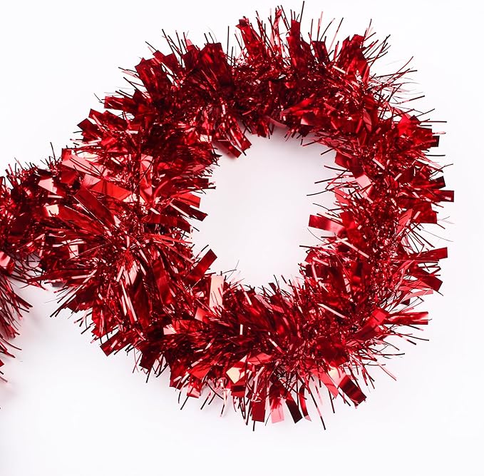 33FT Christmas Tinsel Garland,Red Shiny Metallic Foil Decorations for Parade Floats, Halloween, Christmas Tree, New Year Parties,Birthday Party,Indoor and Outdoor Disco Party Supplies