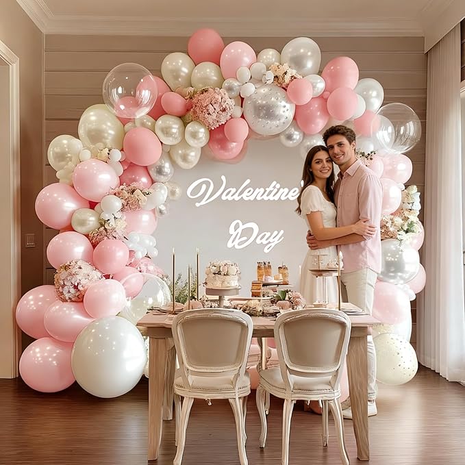 Light Pink White Balloon Arch, Double Stuffed Pastel Pink White Sand Pearl Balloon with Clear Latex Balloon for Baby Shower Birthday Bridal Mother’s Day Party Decorations