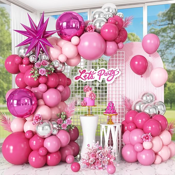 Pink Silver Balloon Arch Garland Kit with Hot Pink Star Foil Balloons 4D Round Ball Balloons for Girl Women Birthday Baby Shower Valentine's Day Party Decorations